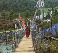 Whitney 5 Monk with Cat on Suspension Bridge, Jakar, Bhutan